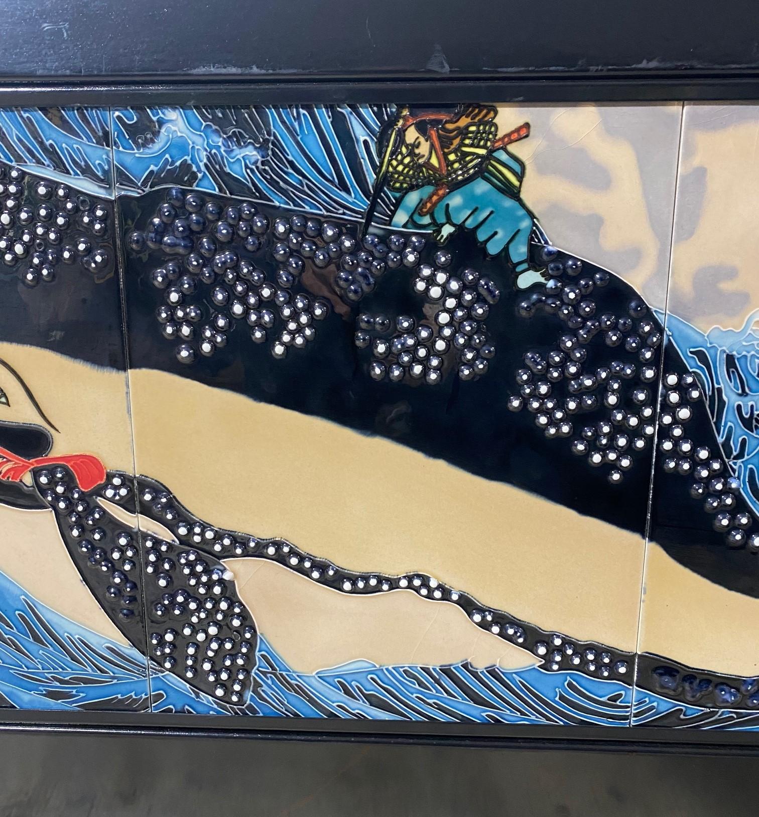 Japanese Asian Ceramic Wall Plaque Painting Utagawa Kuniyoshi Subduing Whale  In Good Condition For Sale In Studio City, CA