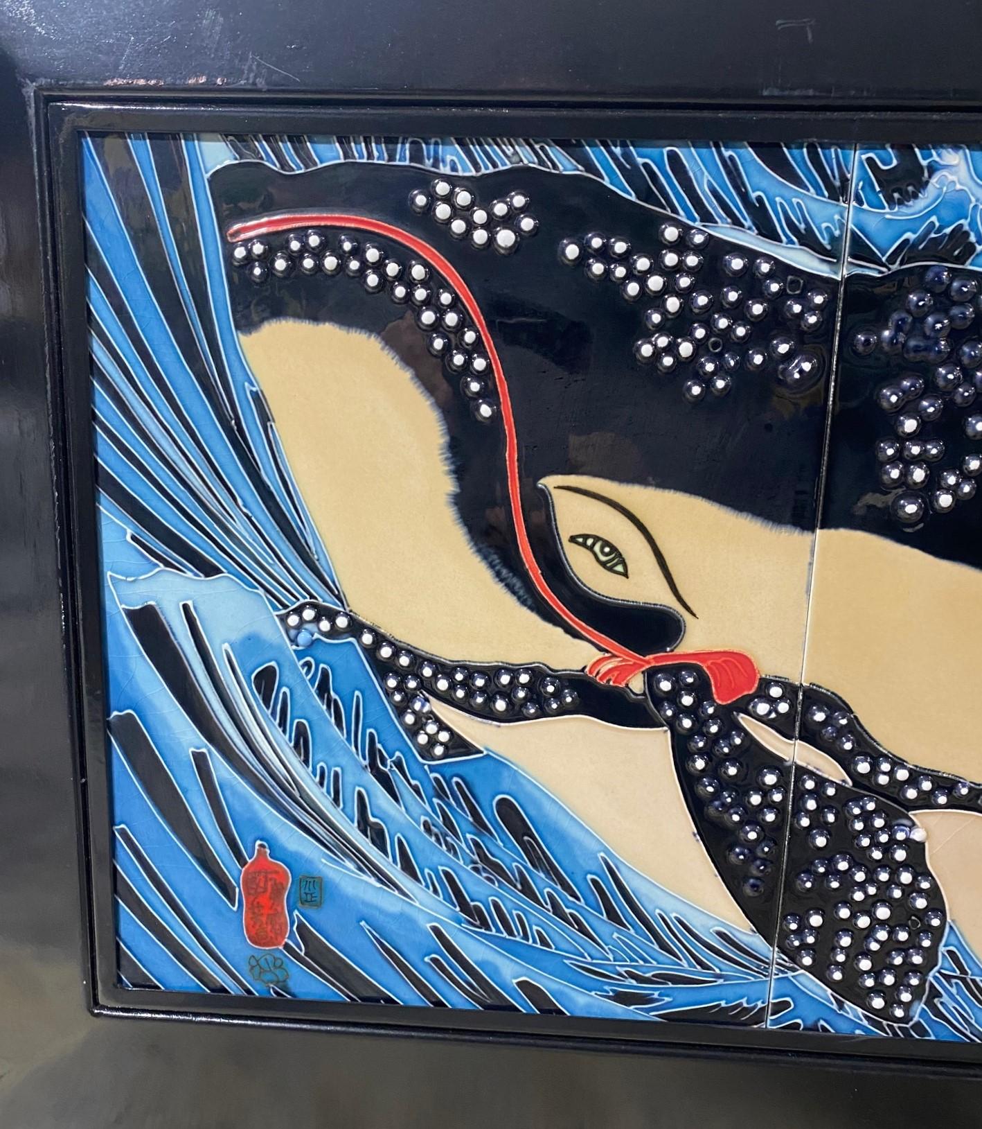 20th Century Japanese Asian Ceramic Wall Plaque Painting Utagawa Kuniyoshi Subduing Whale  For Sale