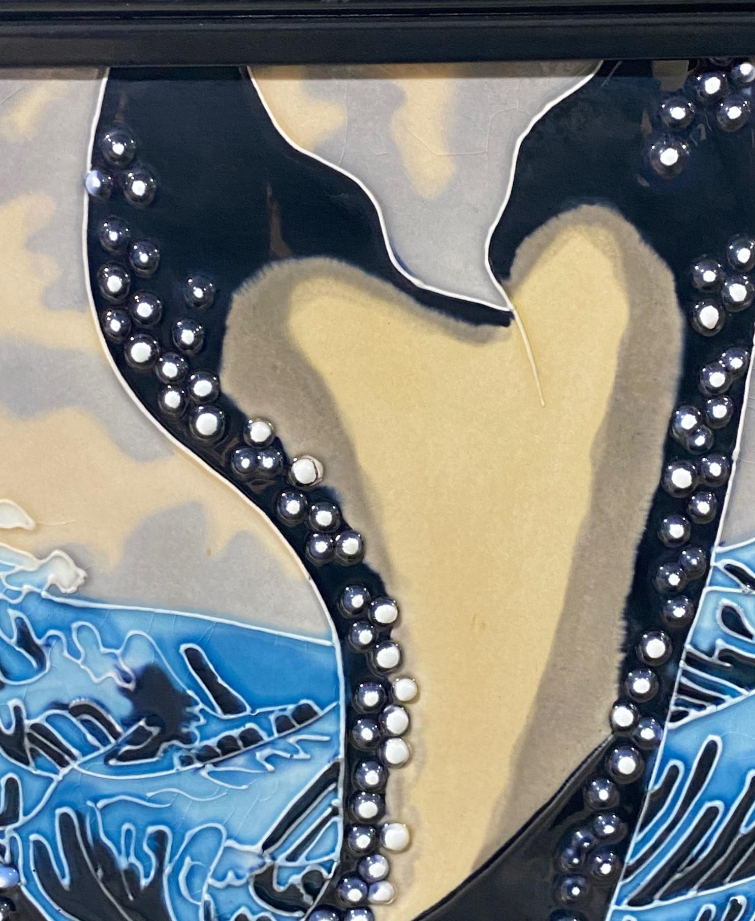 Japanese Asian Ceramic Wall Plaque Painting Utagawa Kuniyoshi Subduing Whale  For Sale 2