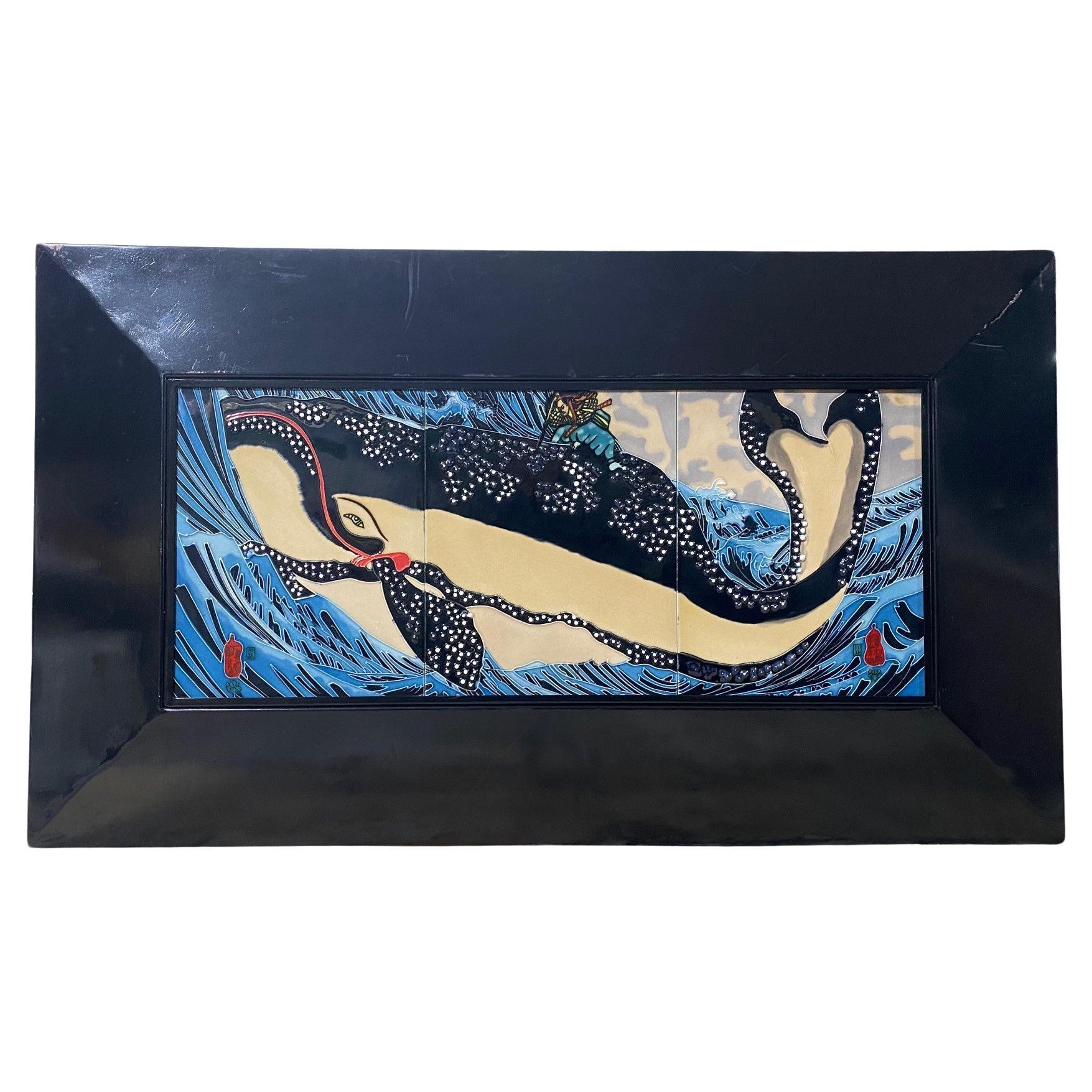 Japanese Asian Ceramic Wall Plaque Painting Utagawa Kuniyoshi Subduing Whale  For Sale