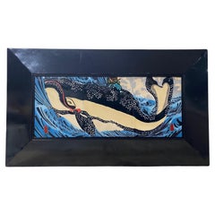 Antique Japanese Asian Ceramic Wall Plaque Painting Utagawa Kuniyoshi Subduing Whale 