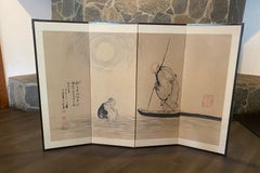 Japanese Asian Chinese Four Panel Folding Byobu Sumi Ink Screen Buddhist Monk