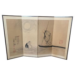 Japanese Asian Chinese Four Panel Folding Byobu Sumi Ink Screen Buddhist Monk