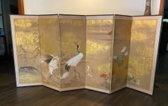 Japanese Asian Edo Meiji 6 Panel Folding Byobu Screen Red Crown Cranes Landscape