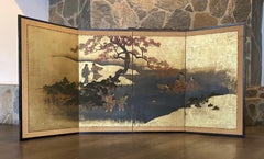 Japanese Asian Edo Meiji Four Panel Folding Byobu Screen Lakeside & Maple Tree
