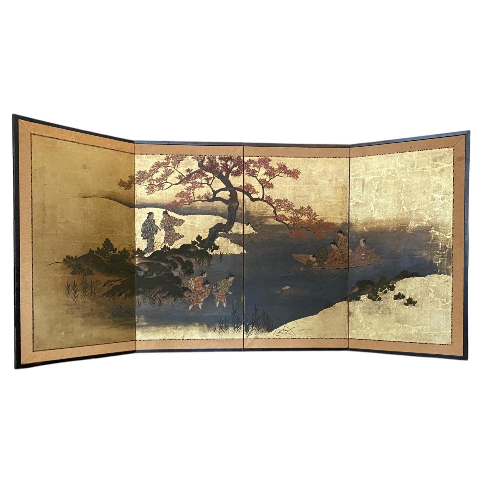 Japanese Asian Edo Meiji Four Panel Folding Byobu Screen Lakeside & Maple Tree