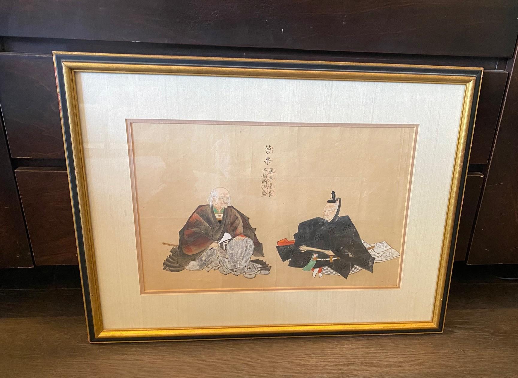 A beautiful and very engaging Edo Period (1603-1868) Japanese Tosa school original painting featuring two officials from the Imperial Court.  

The Tosa school (土佐派,) of Japanese painting was founded in the early Muromachi period (14th–15th
