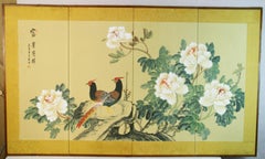 Japanese/Asian Flower and Birds Four Panel Screen