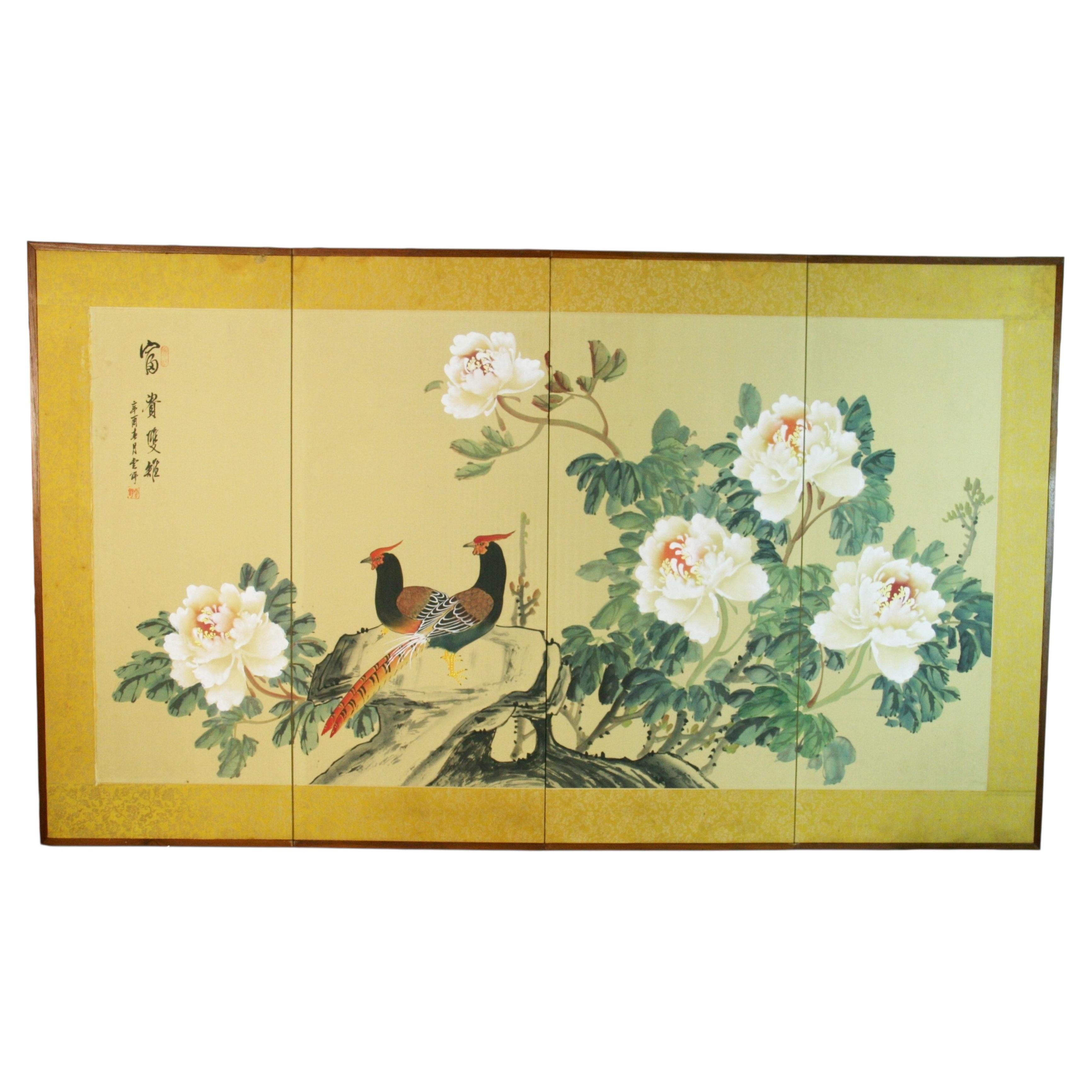 Japanese/Asian Flower and Birds Four Panel Screen For Sale