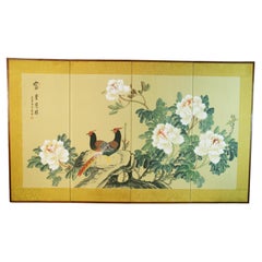 Japanese/Asian Flower and Birds Four Panel Screen