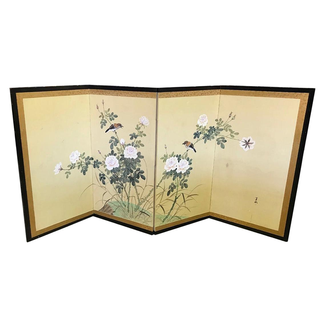 Japanese Asian Four-Panel Byobu Showa Folding Screen Playful Birds and Flowers