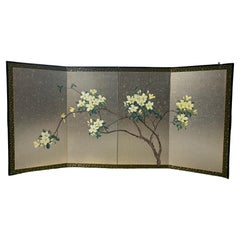 Vintage Japanese Asian Four-Panel Byobu Showa Siver Screen Yellow Birds Goldfinch Tree