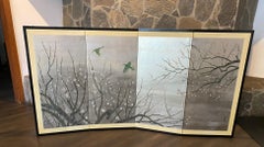 Japanese Asian Four Panel Folding Byobu Screen Cherry Blossom Tree Playful Birds