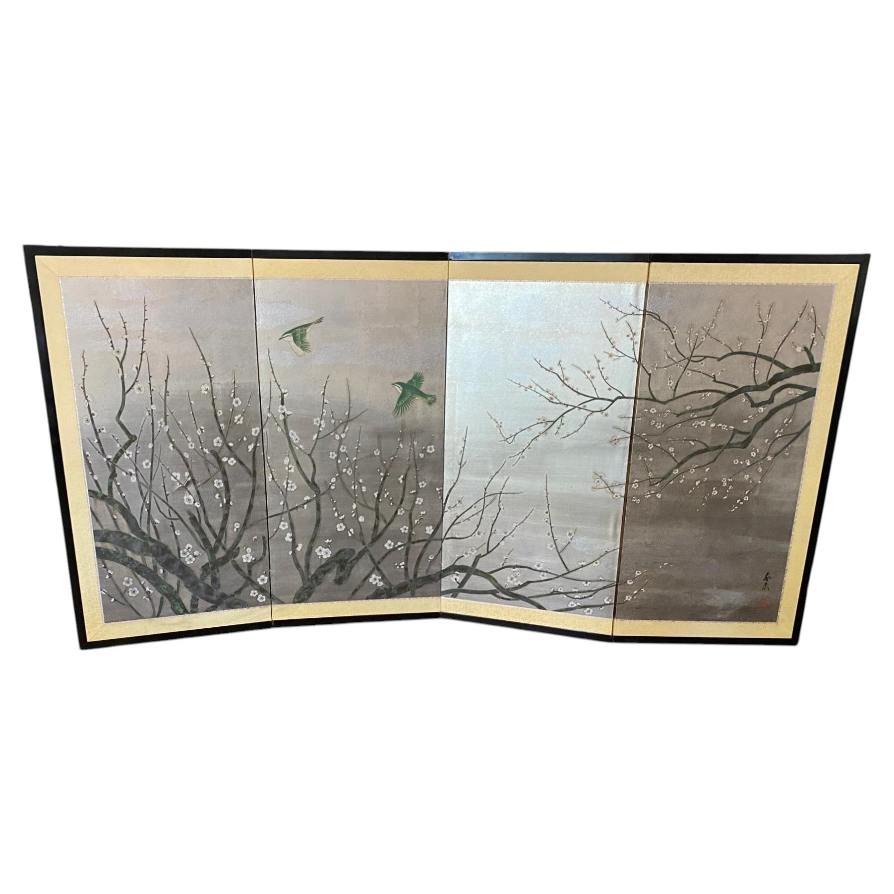 Japanese Asian Four Panel Folding Byobu Screen Cherry Blossom Tree Playful Birds