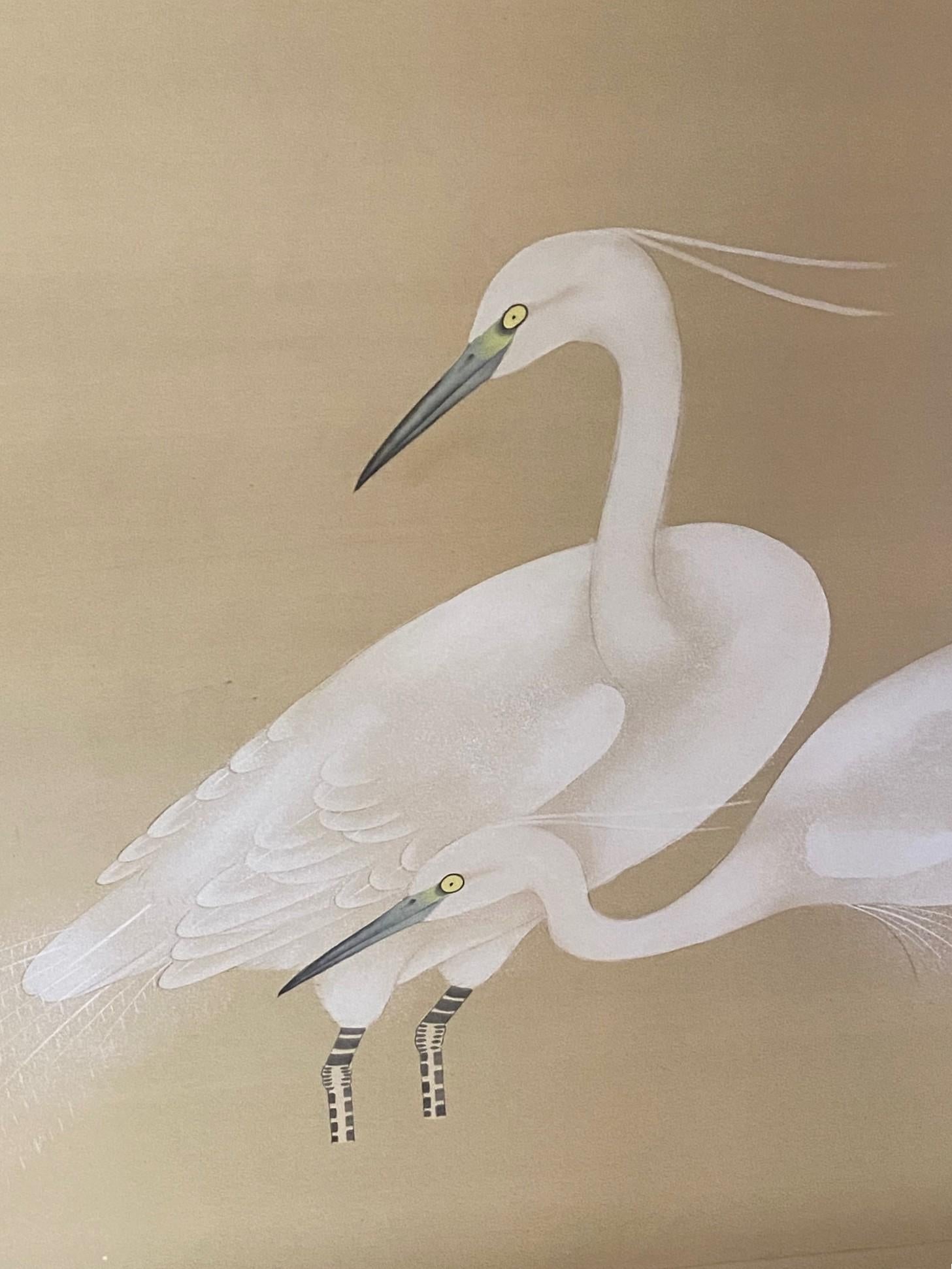 Japanische asiatische vier Panel Folding Byobu Bildschirm von weißen Kranichen und Vollmond im Angebot 4