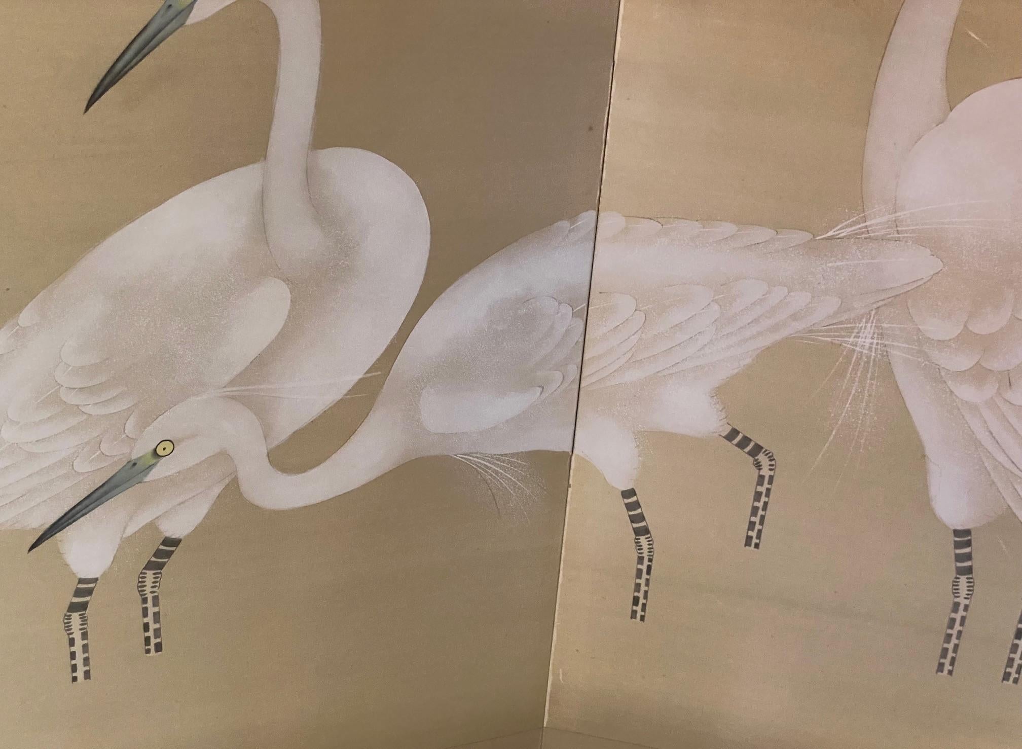 Japanische asiatische vier Panel Folding Byobu Bildschirm von weißen Kranichen und Vollmond im Angebot 6