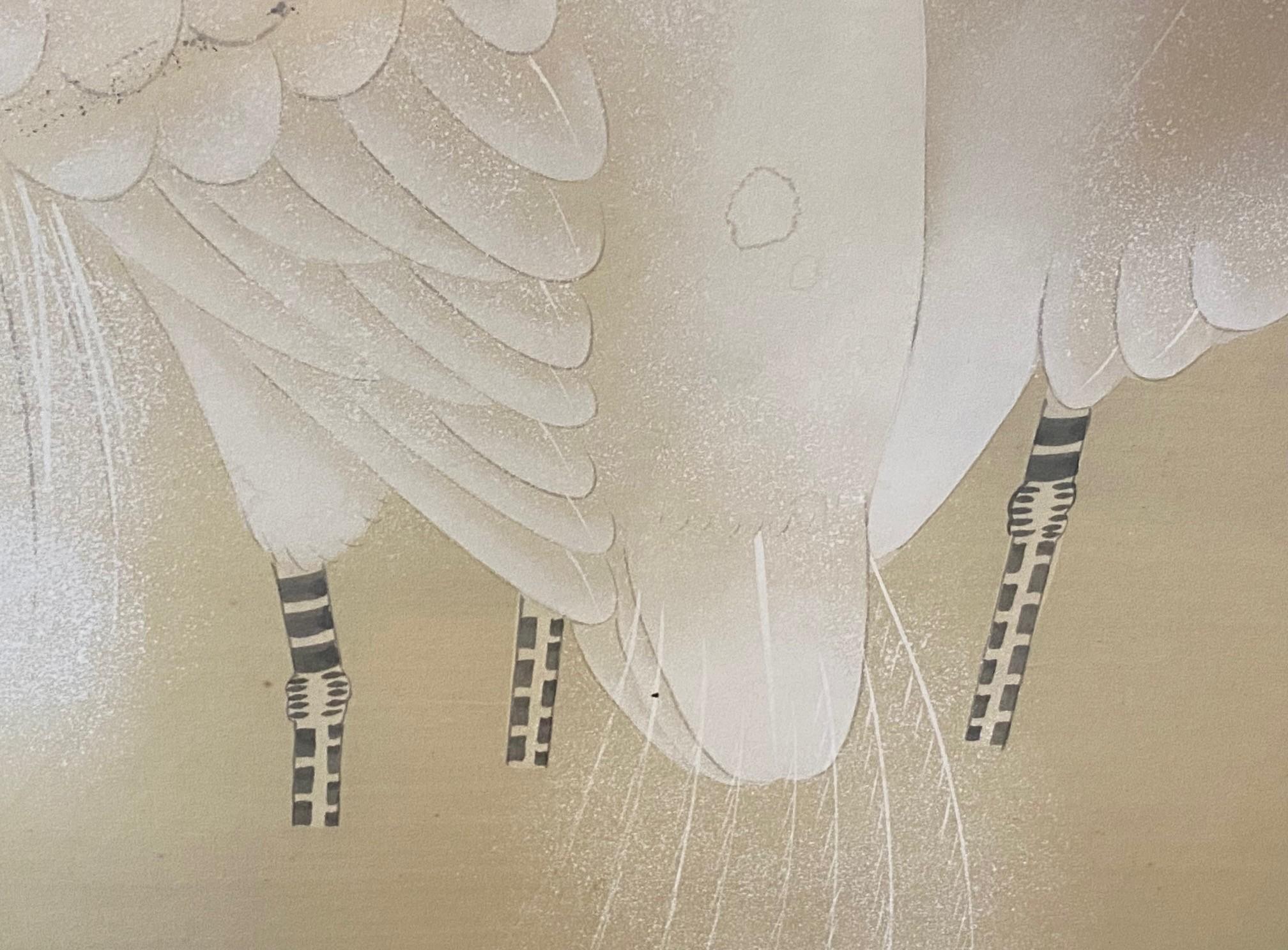 Japanische asiatische vier Panel Folding Byobu Bildschirm von weißen Kranichen und Vollmond im Angebot 8