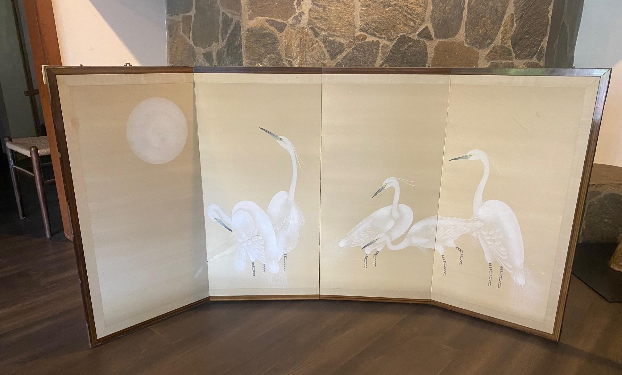 Japanische asiatische vier Panel Folding Byobu Bildschirm von weißen Kranichen und Vollmond im Angebot 11