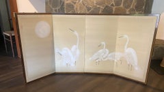Japanese Asian Four Panel Folding Byobu Screen of White Cranes and Full Moon