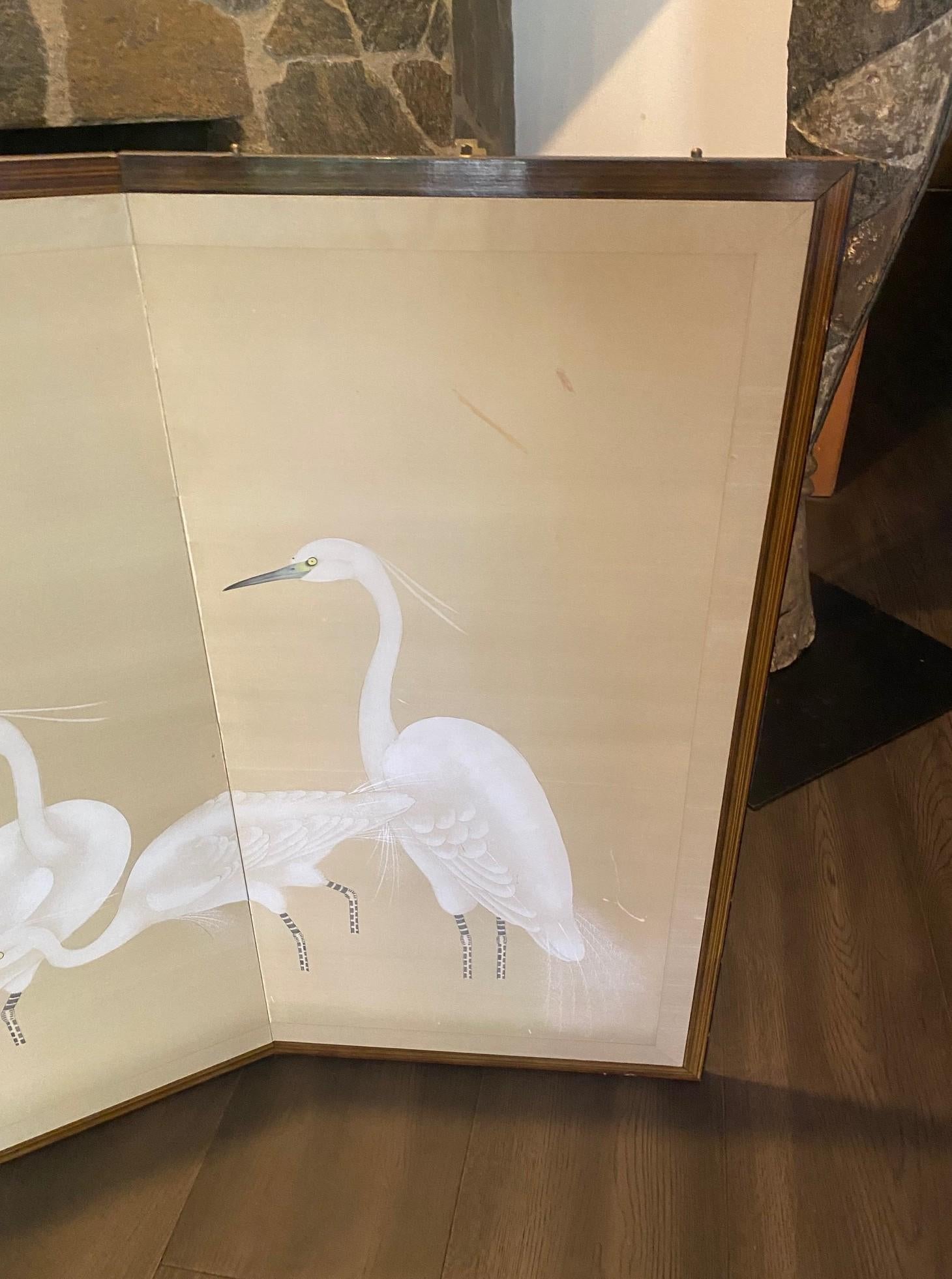 Japanische asiatische vier Panel Folding Byobu Bildschirm von weißen Kranichen und Vollmond (Showa) im Angebot