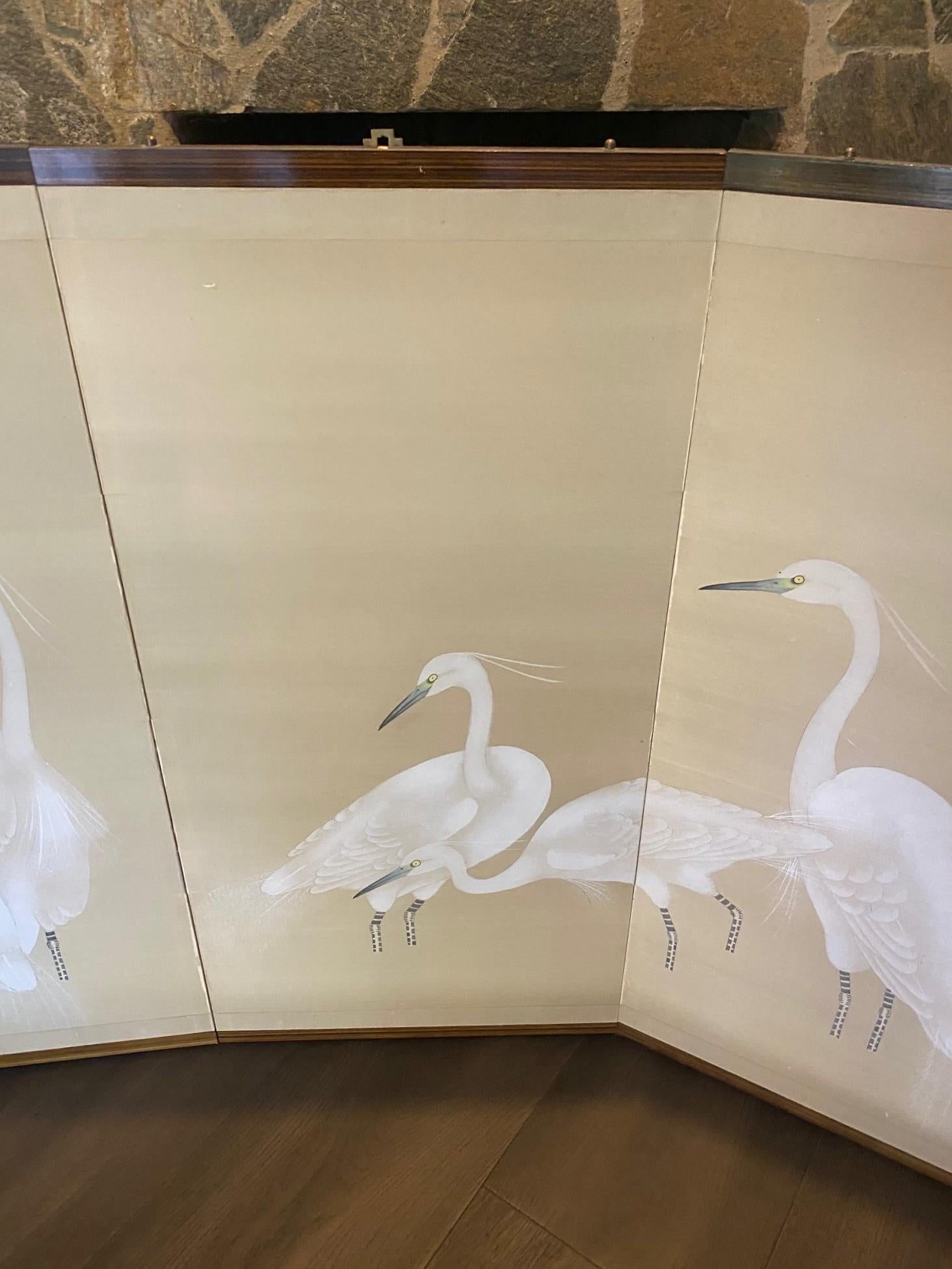 Japanische asiatische vier Panel Folding Byobu Bildschirm von weißen Kranichen und Vollmond (Handgefertigt) im Angebot