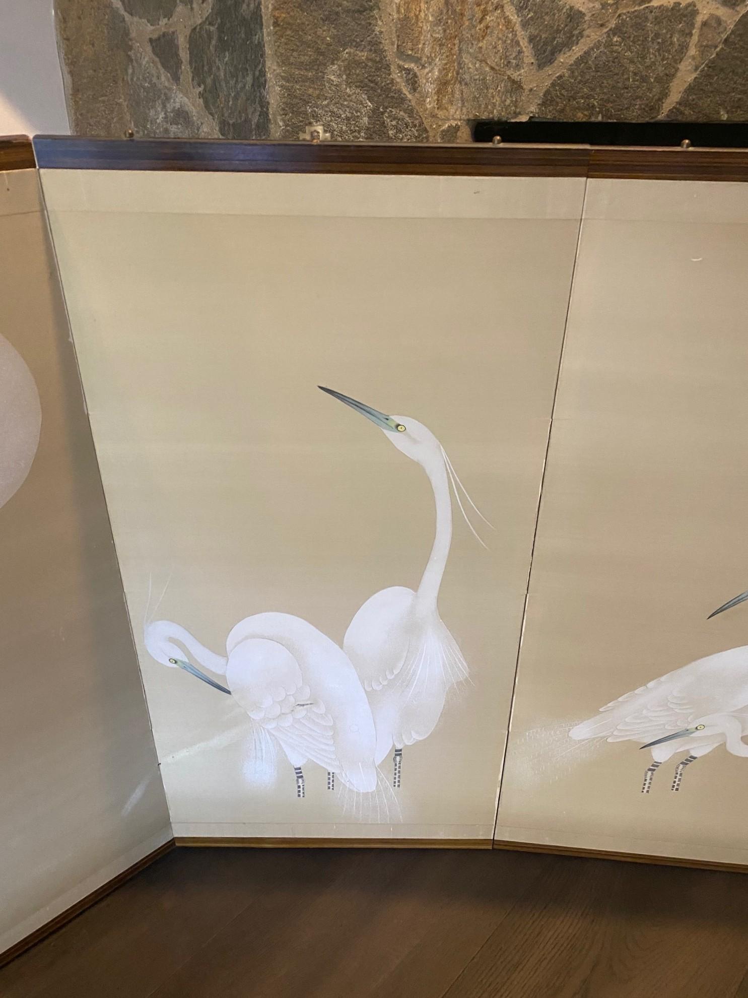Japanische asiatische vier Panel Folding Byobu Bildschirm von weißen Kranichen und Vollmond im Zustand „Gut“ im Angebot in Studio City, CA
