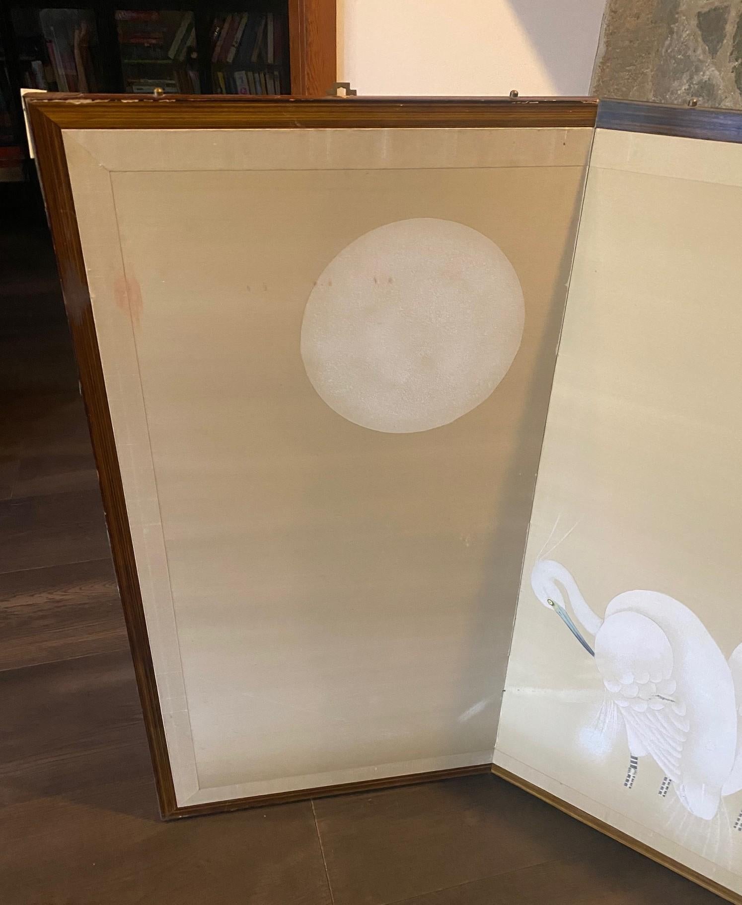 Japanische asiatische vier Panel Folding Byobu Bildschirm von weißen Kranichen und Vollmond (20. Jahrhundert) im Angebot