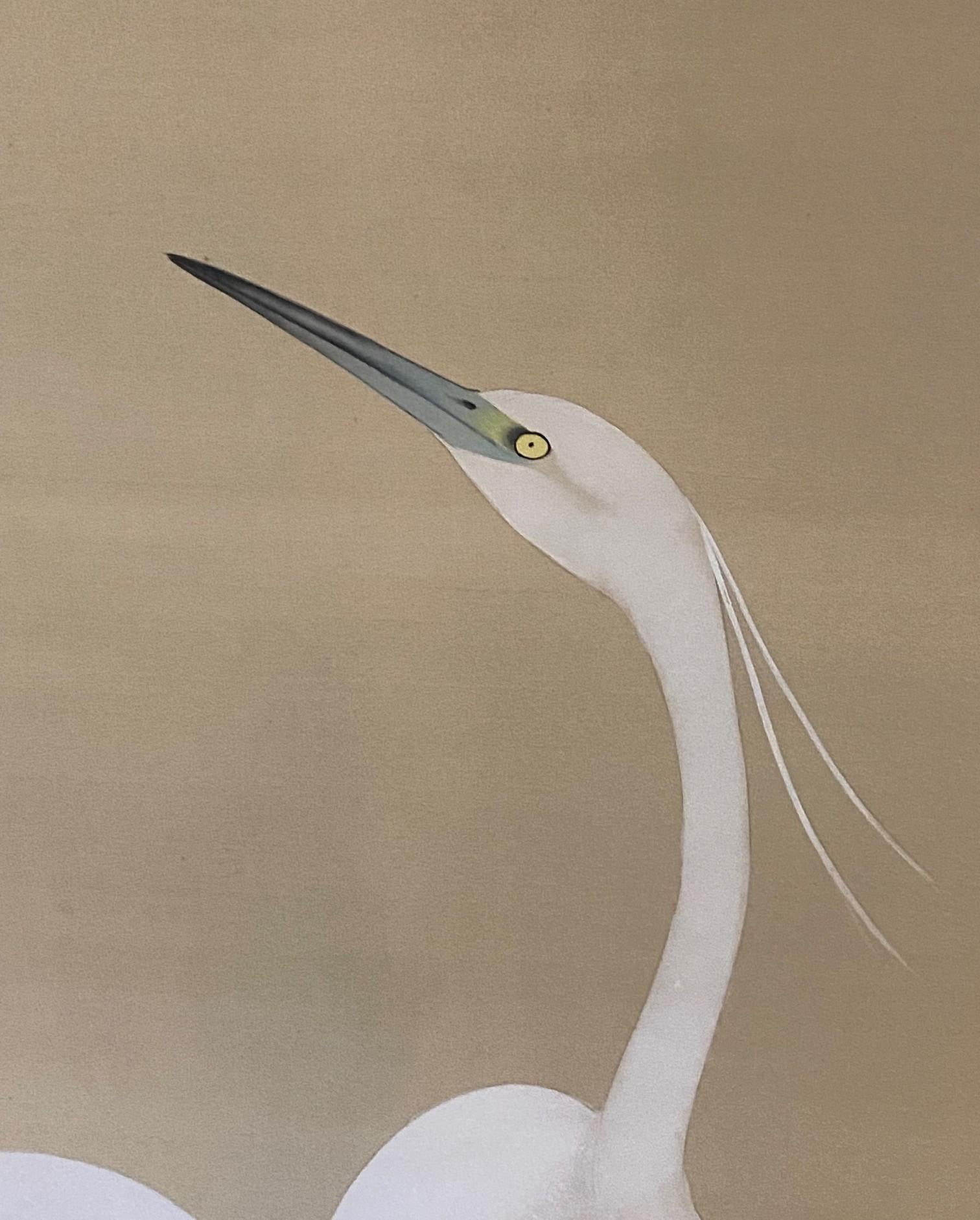 Japanische asiatische vier Panel Folding Byobu Bildschirm von weißen Kranichen und Vollmond im Angebot 1