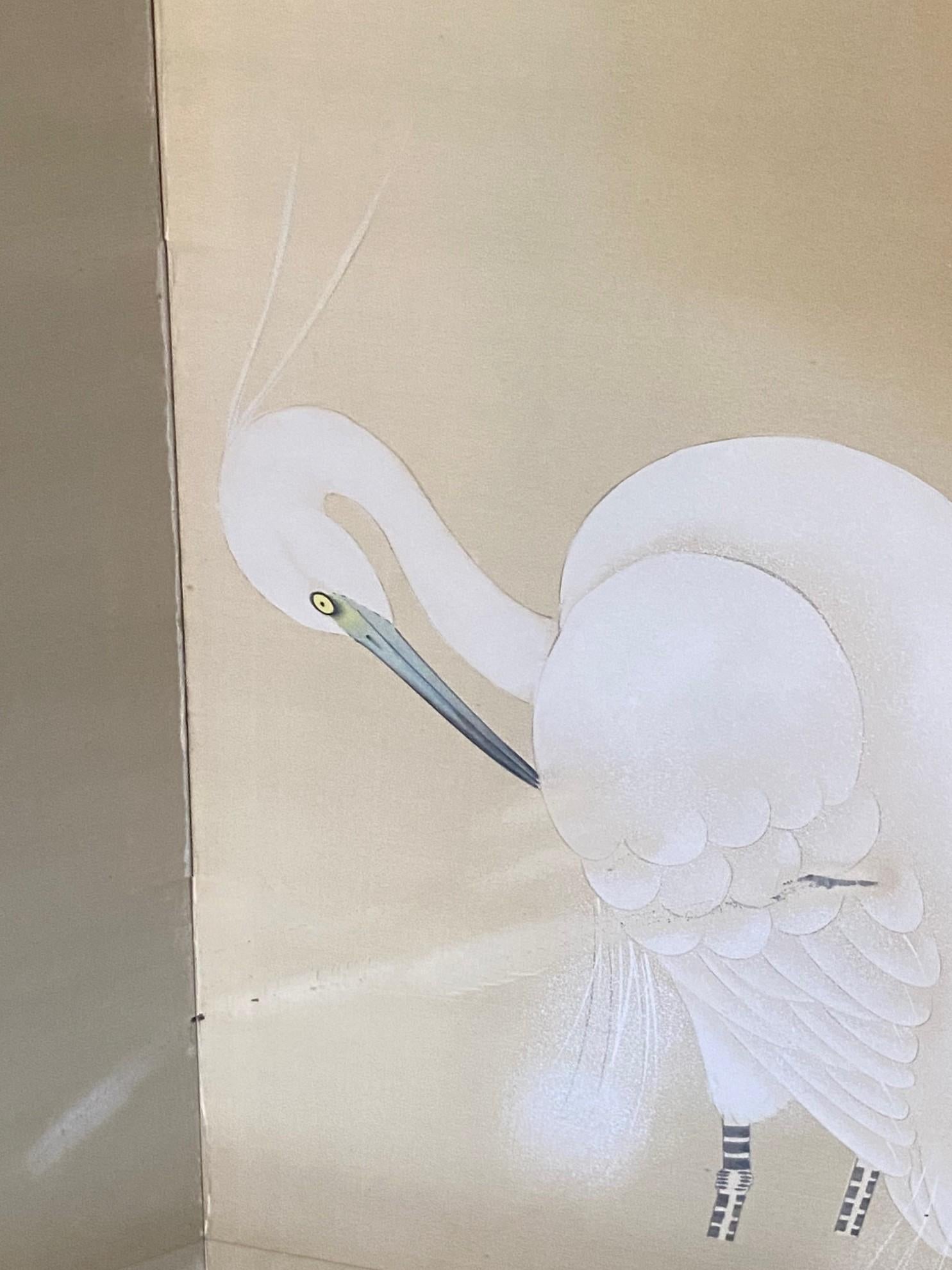 Japanische asiatische vier Panel Folding Byobu Bildschirm von weißen Kranichen und Vollmond im Angebot 2