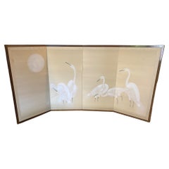 Japanese Asian Four Panel Folding Byobu Screen of White Cranes and Full Moon