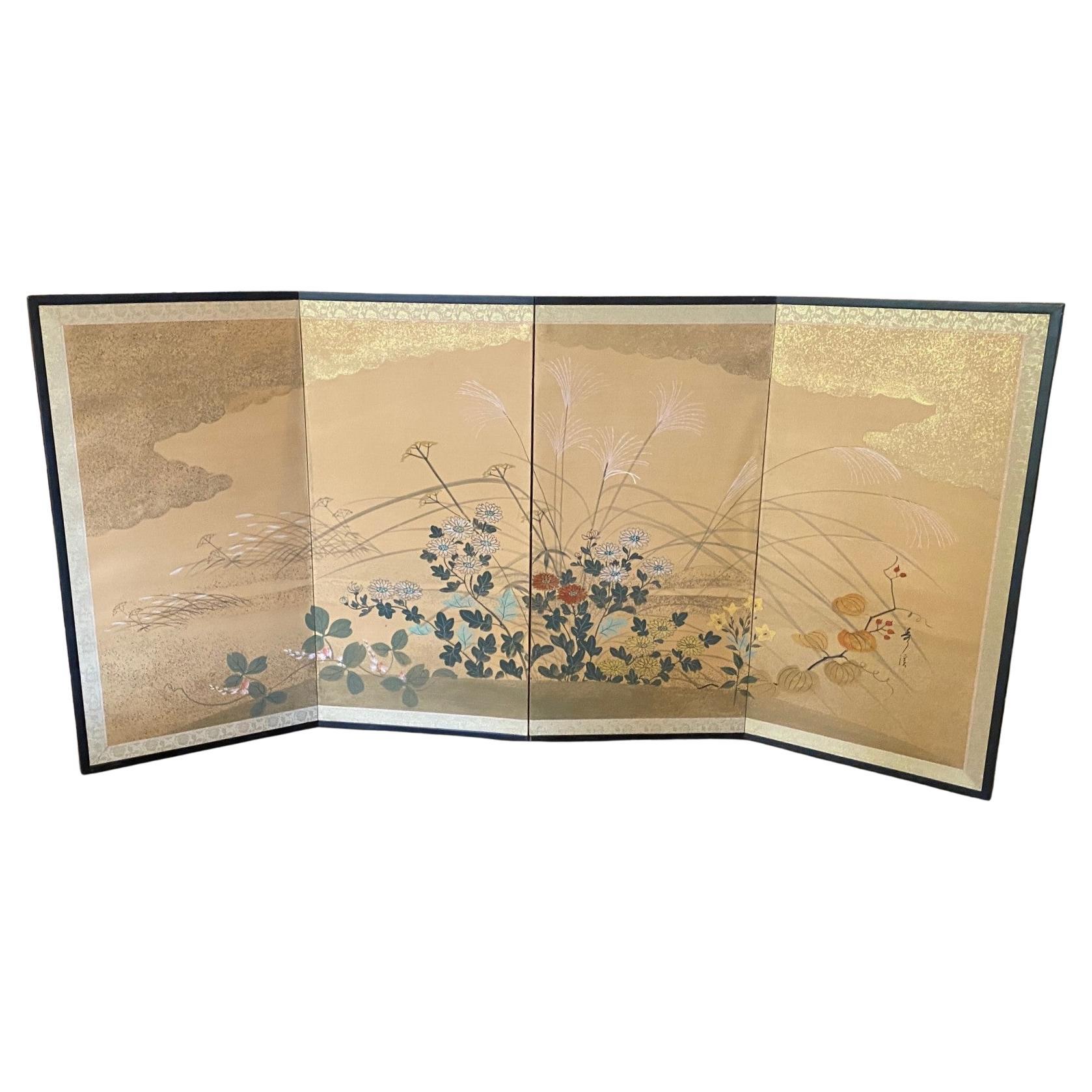 Japanese Asian Four-Panel Folding Byobu Showa Floral Flower Landscape Screen