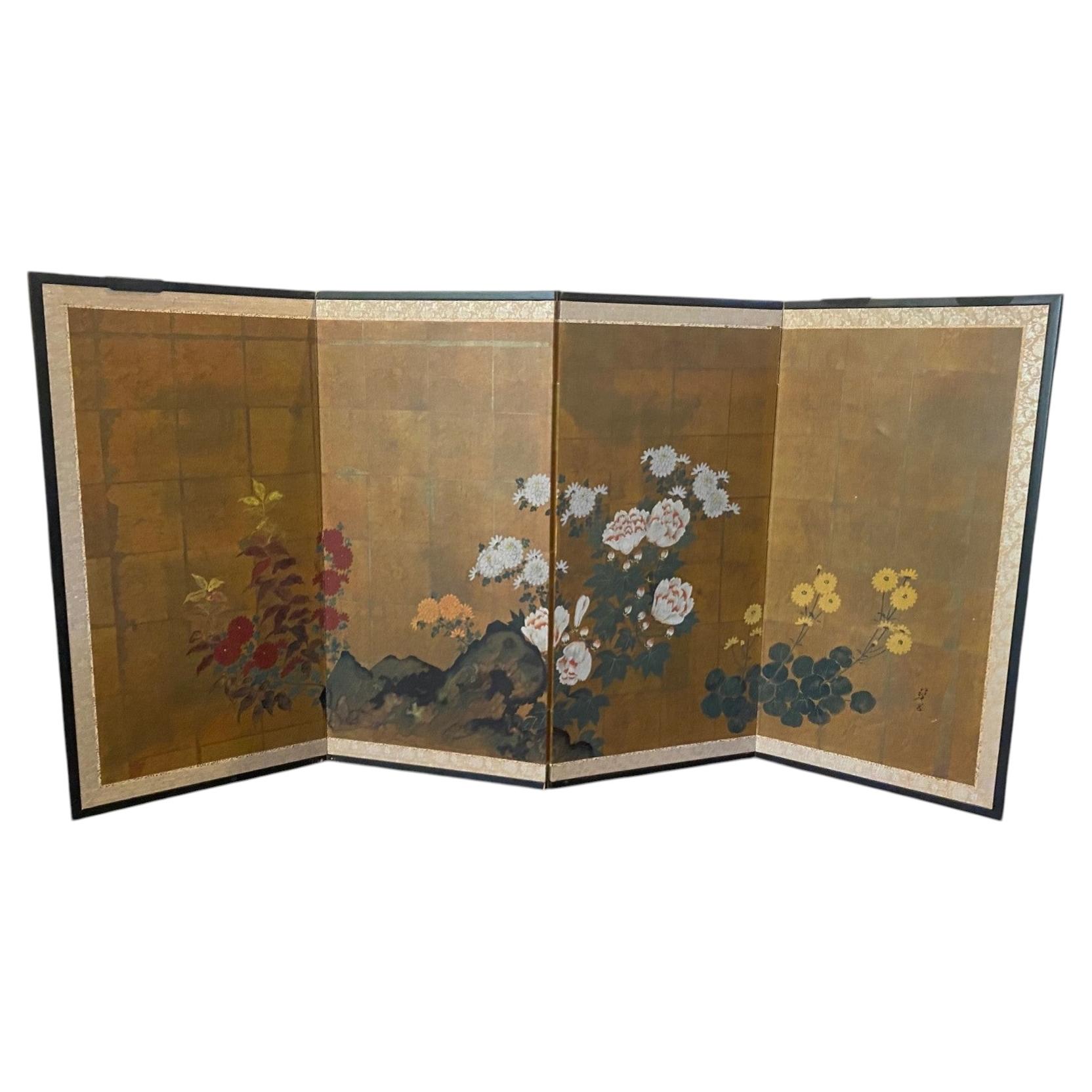 Japanese Asian Four-Panel Folding Byobu Showa Floral Flower Landscape Screen