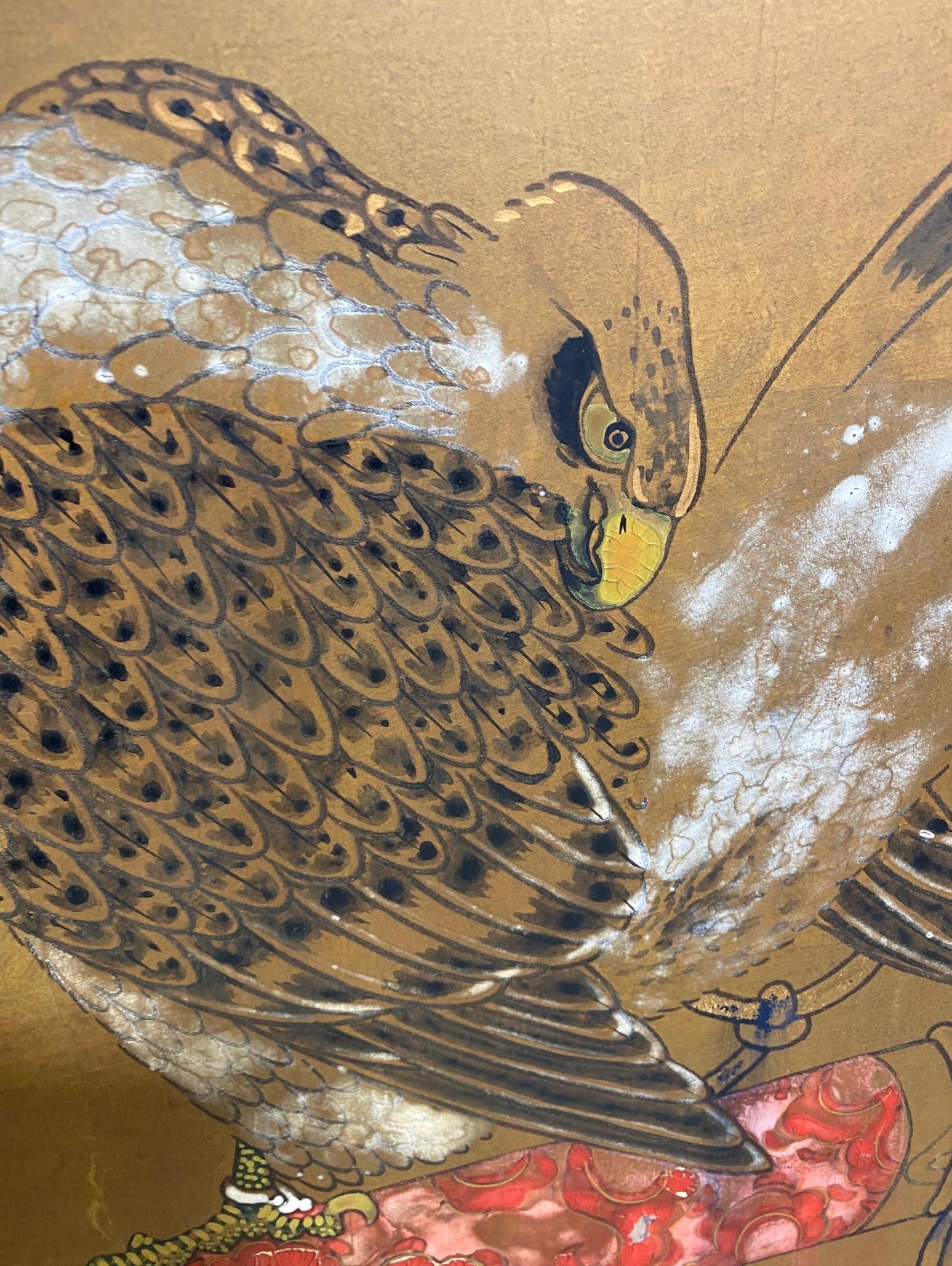 Japanese Asian Four-Panel Folding Byobu Showa Hunting Hawks Falcons Bird Screen For Sale 4