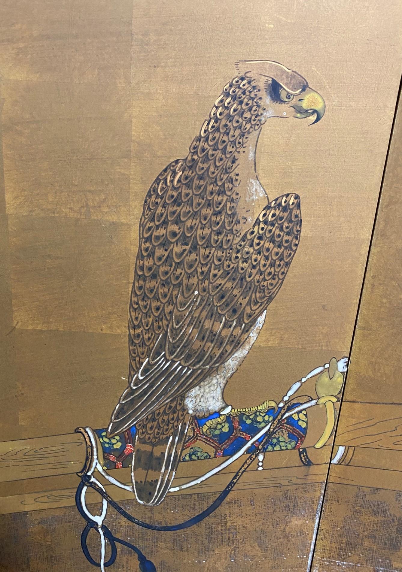 Japanese Asian Four-Panel Folding Byobu Showa Hunting Hawks Falcons Bird Screen For Sale 5