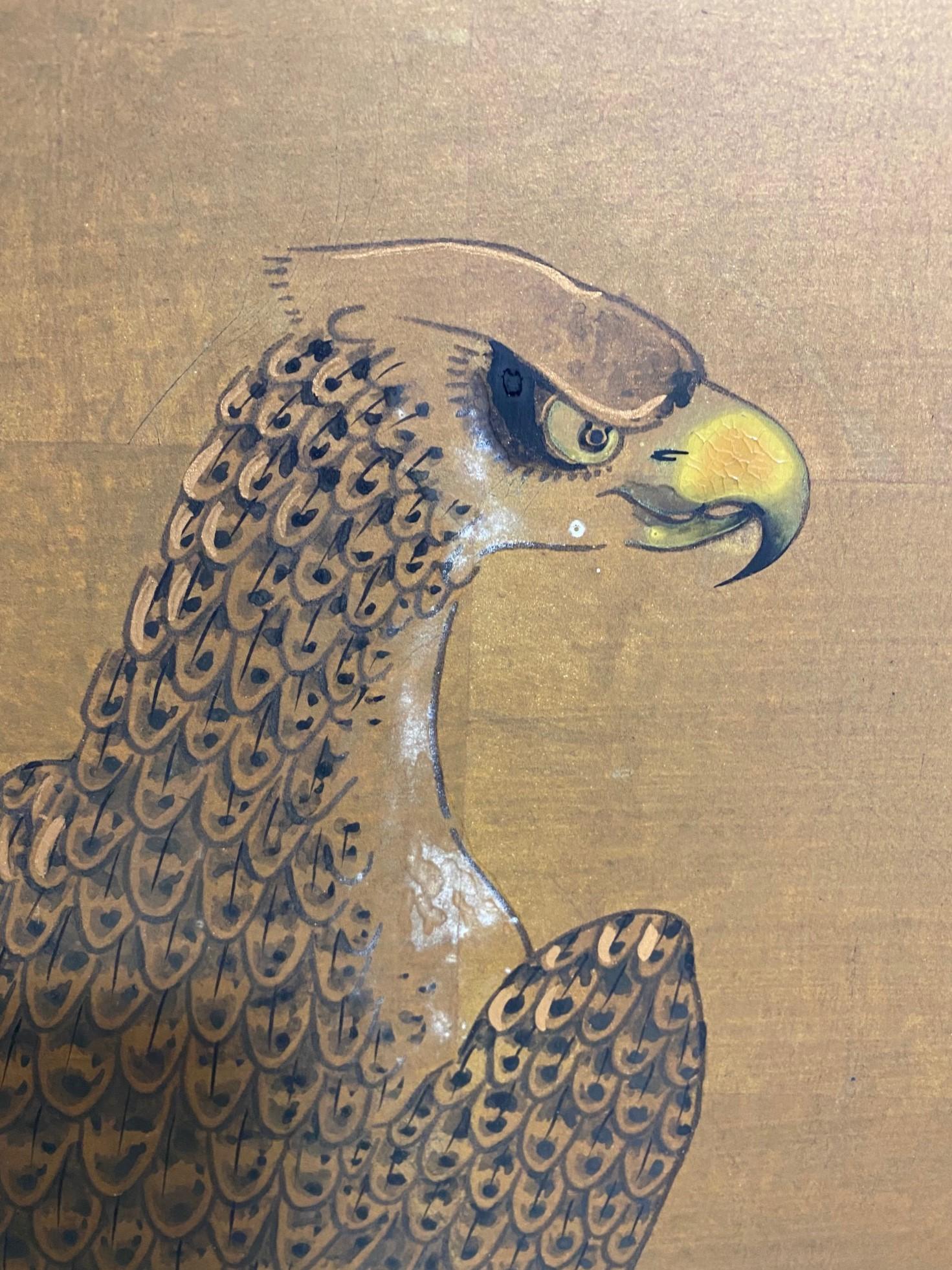 Japanese Asian Four-Panel Folding Byobu Showa Hunting Hawks Falcons Bird Screen For Sale 6