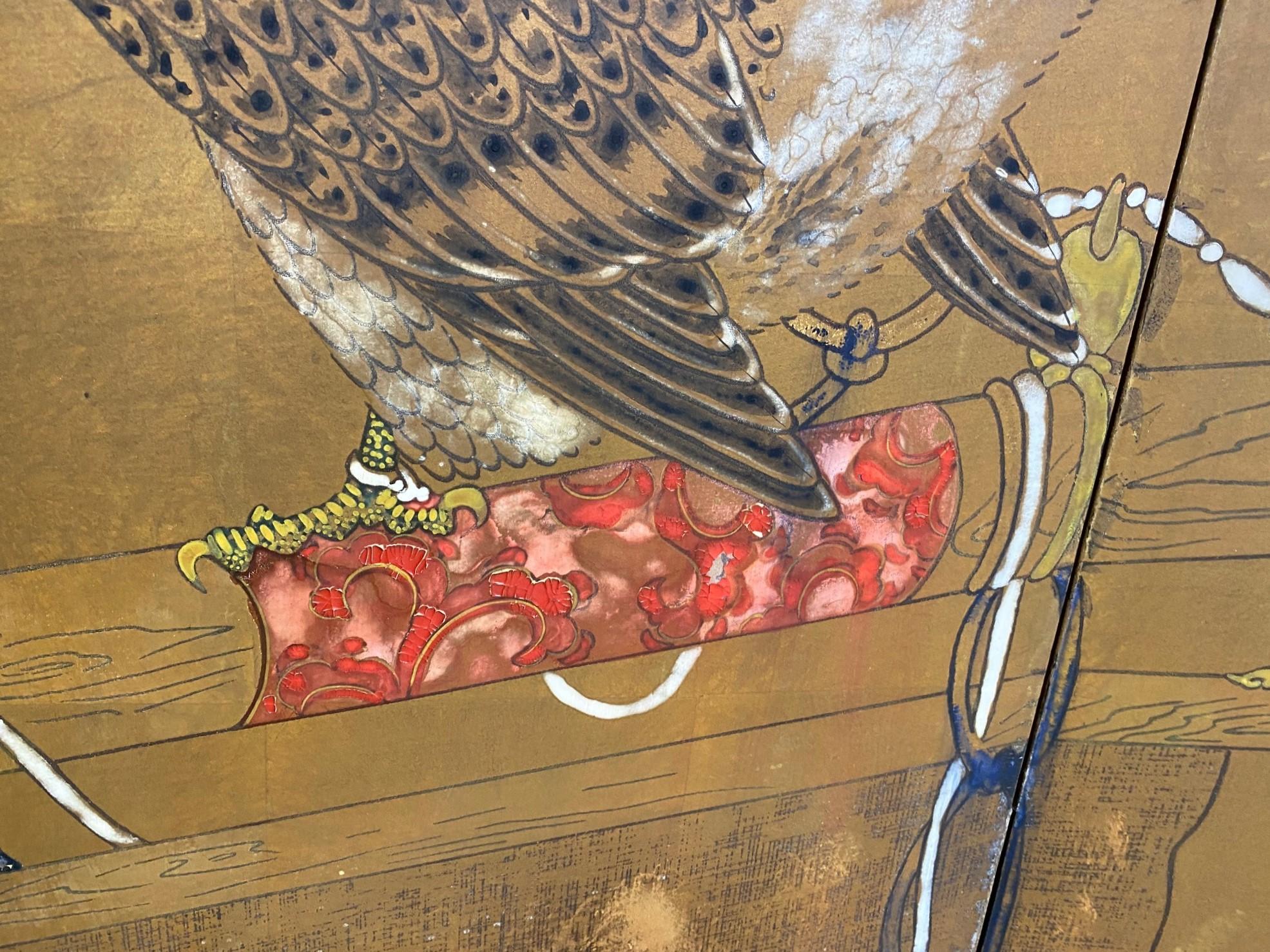 Japanese Asian Four-Panel Folding Byobu Showa Hunting Hawks Falcons Bird Screen For Sale 9