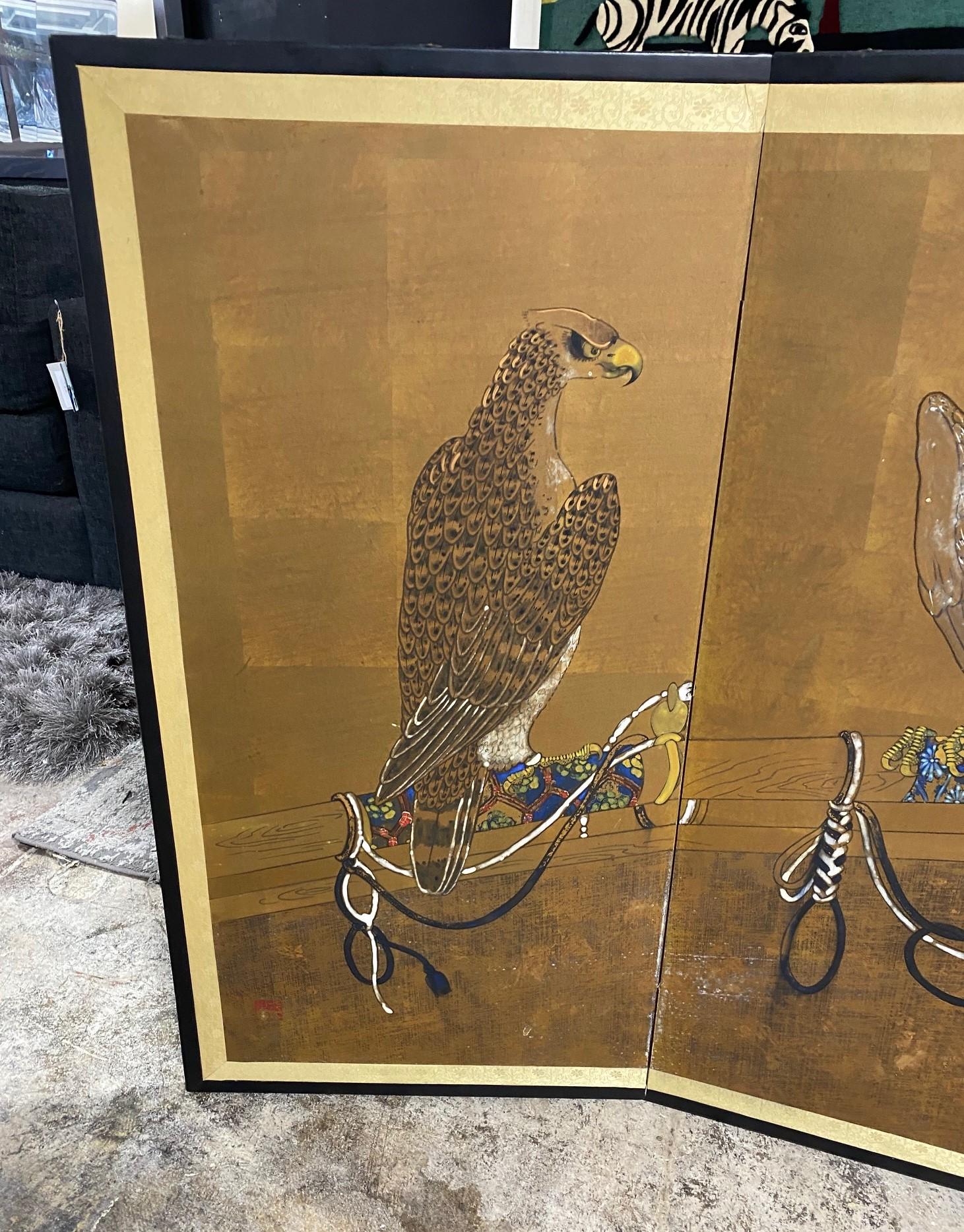 Hand-Painted Japanese Asian Four-Panel Folding Byobu Showa Hunting Hawks Falcons Bird Screen For Sale