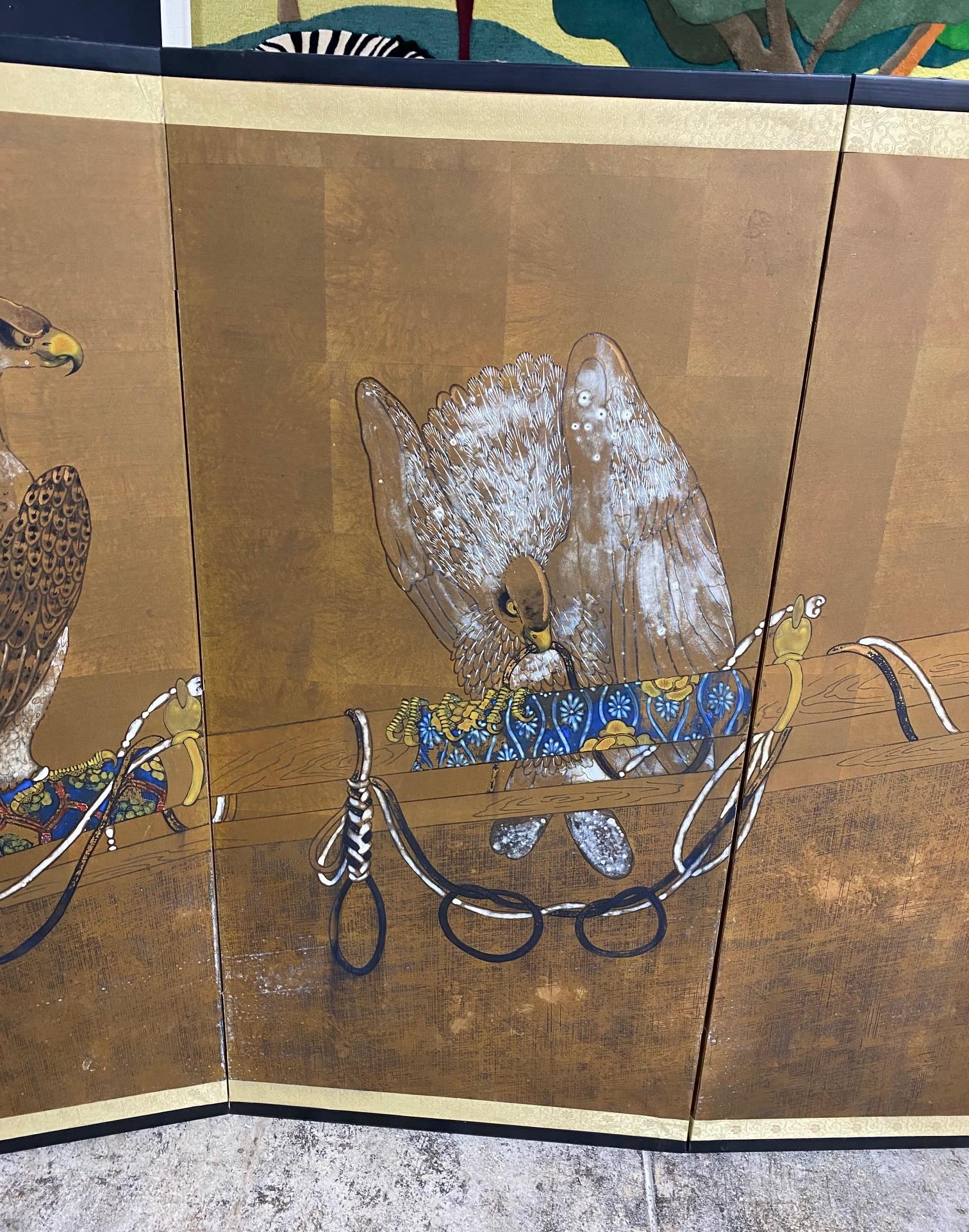 Japanese Asian Four-Panel Folding Byobu Showa Hunting Hawks Falcons Bird Screen In Good Condition For Sale In Studio City, CA