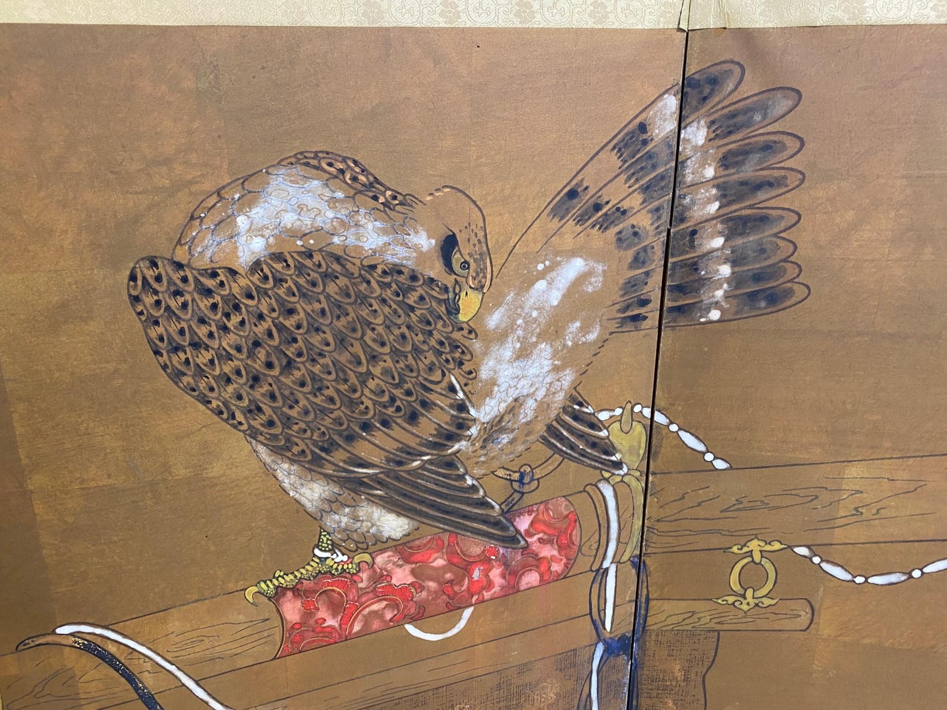 Japanese Asian Four-Panel Folding Byobu Showa Hunting Hawks Falcons Bird Screen For Sale 1