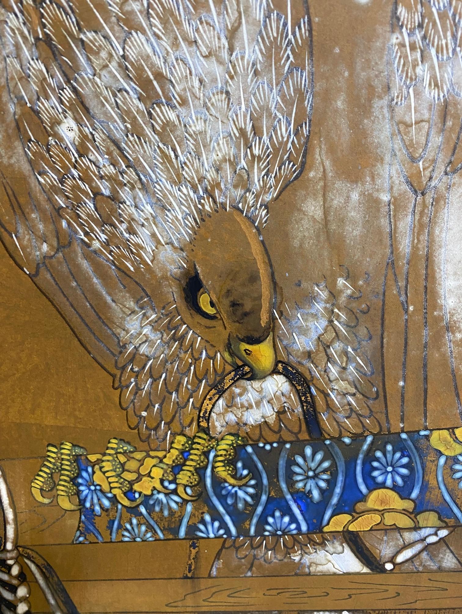 Foglia d’oro Paravento giapponese asiatico a quattro pannelli pieghevoli Byobu Showa Caccia Falchi Falconi Uccelli
