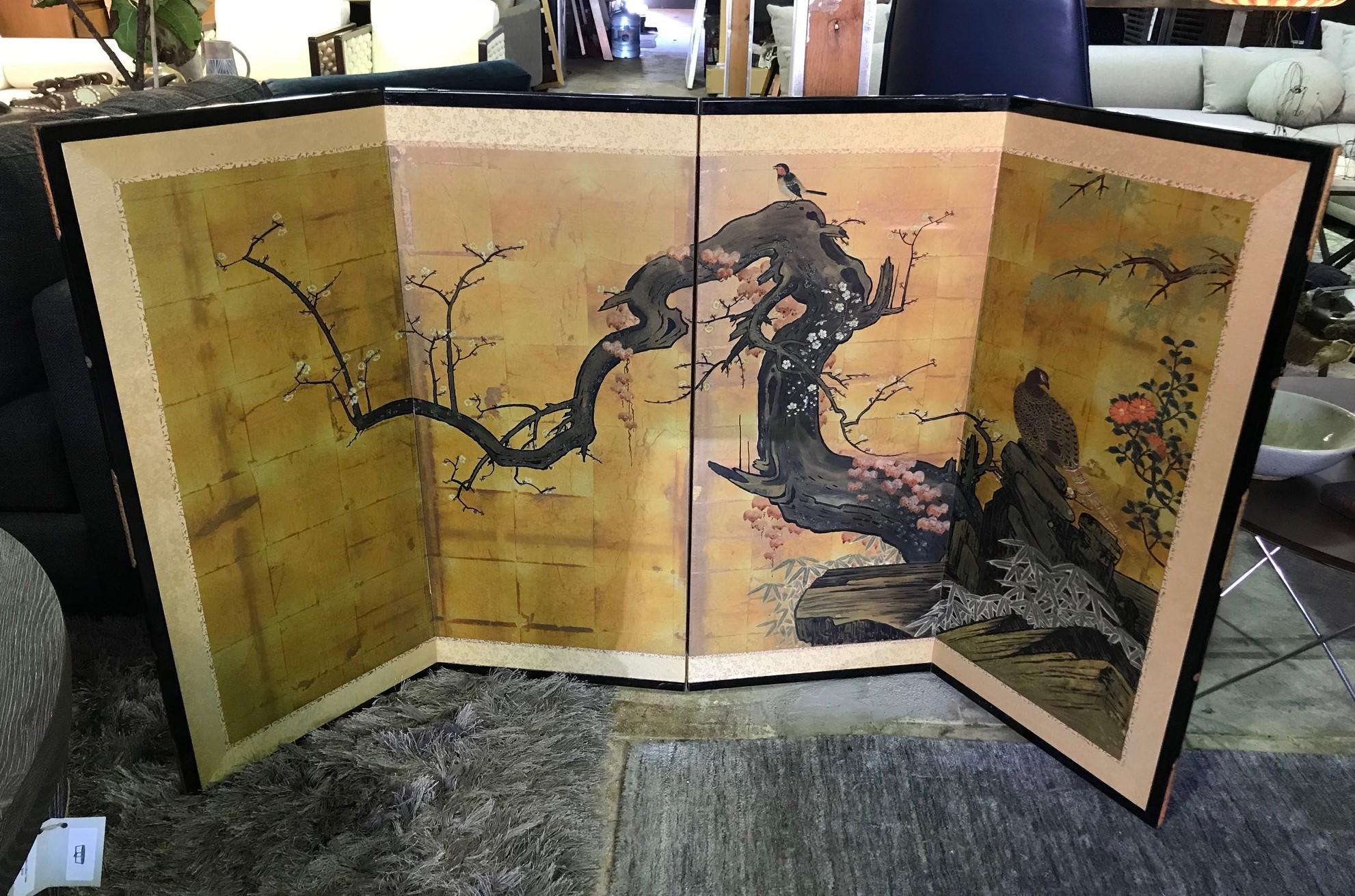 Japanese Asian Four-Panel Folding Byobu Showa Period Cherry Blossom Tree Screen 4