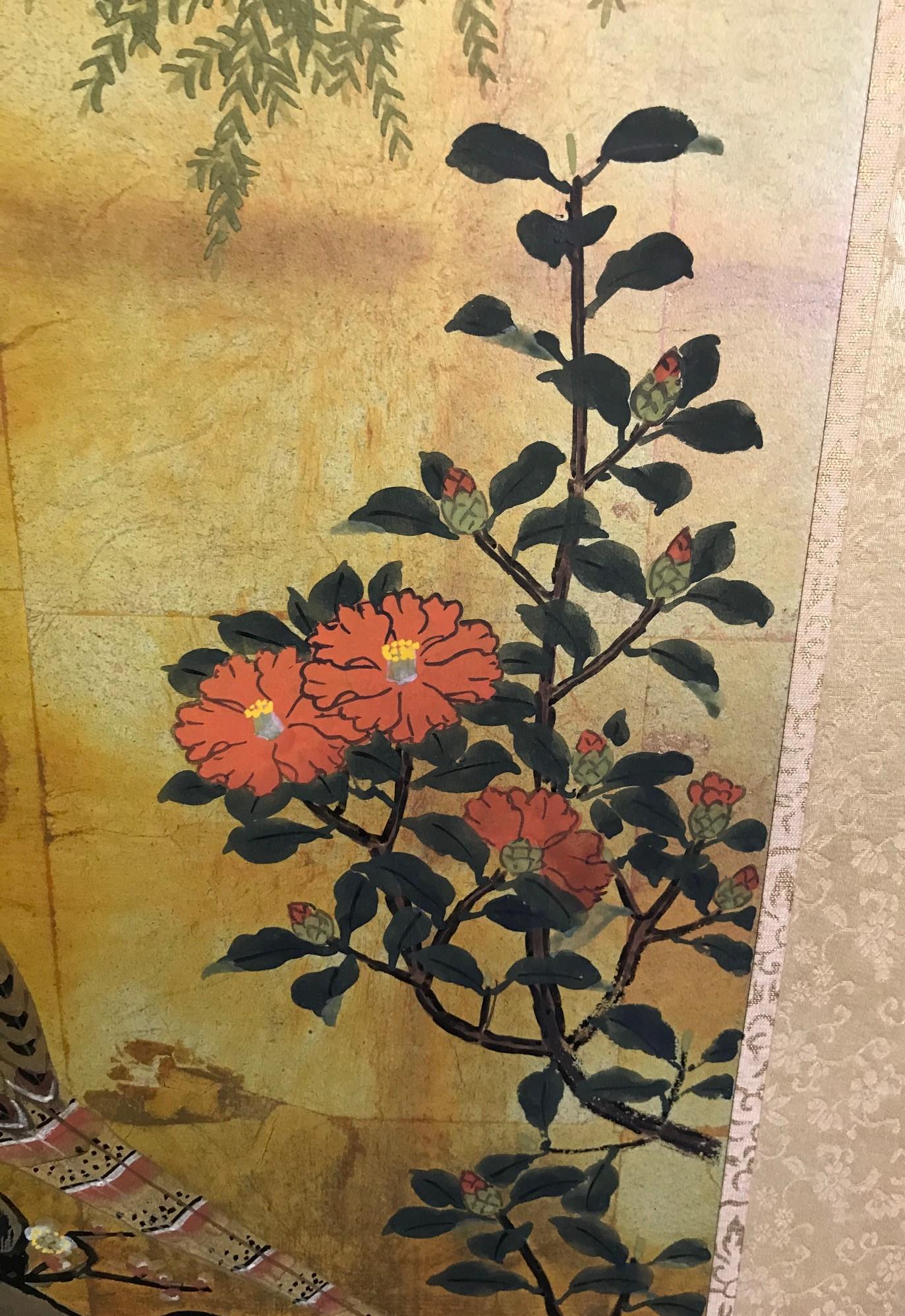 20th Century Japanese Asian Four-Panel Folding Byobu Showa Period Cherry Blossom Tree Screen