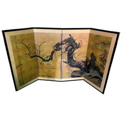 Japanese Asian Four-Panel Folding Byobu Showa Period Cherry Blossom Tree Screen