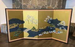 Japanese Asian Four-Panel Folding Byobu Showa Screen Tale of Genji & Cherry Tree