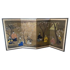 Japanese Asian Four-Panel Folding Byobu Showa Screen Tale of Genji & Cherry Tree