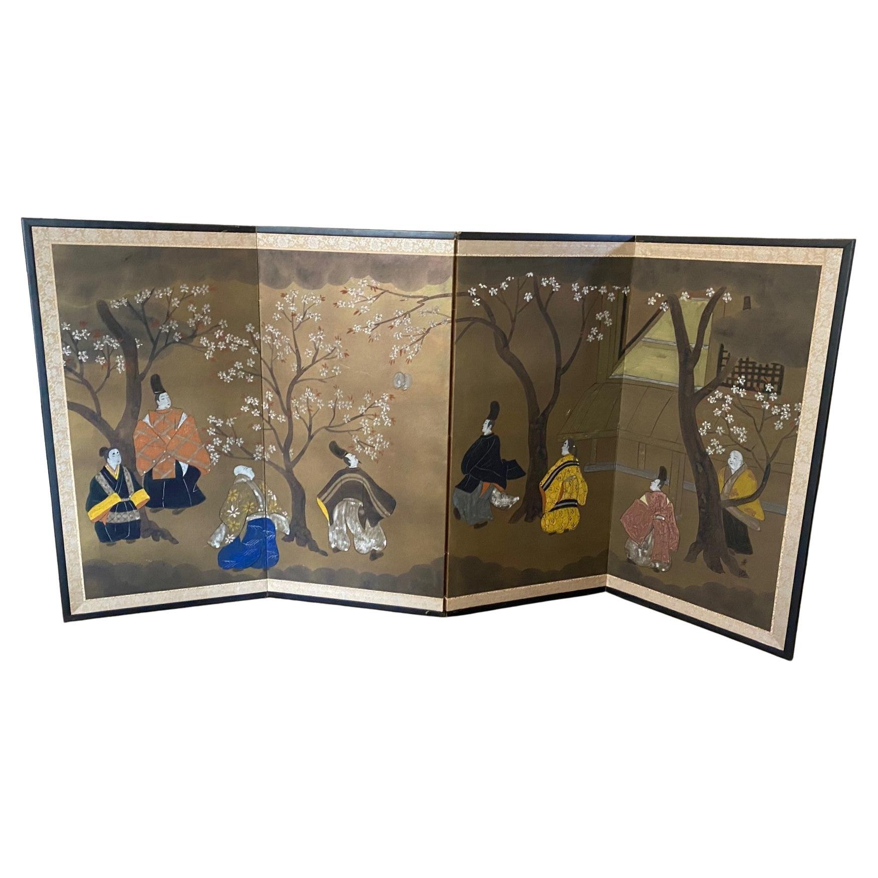 Japanese Asian Four-Panel Folding Byobu Showa Screen Tale of Genji 
Cherry Tree For Sale