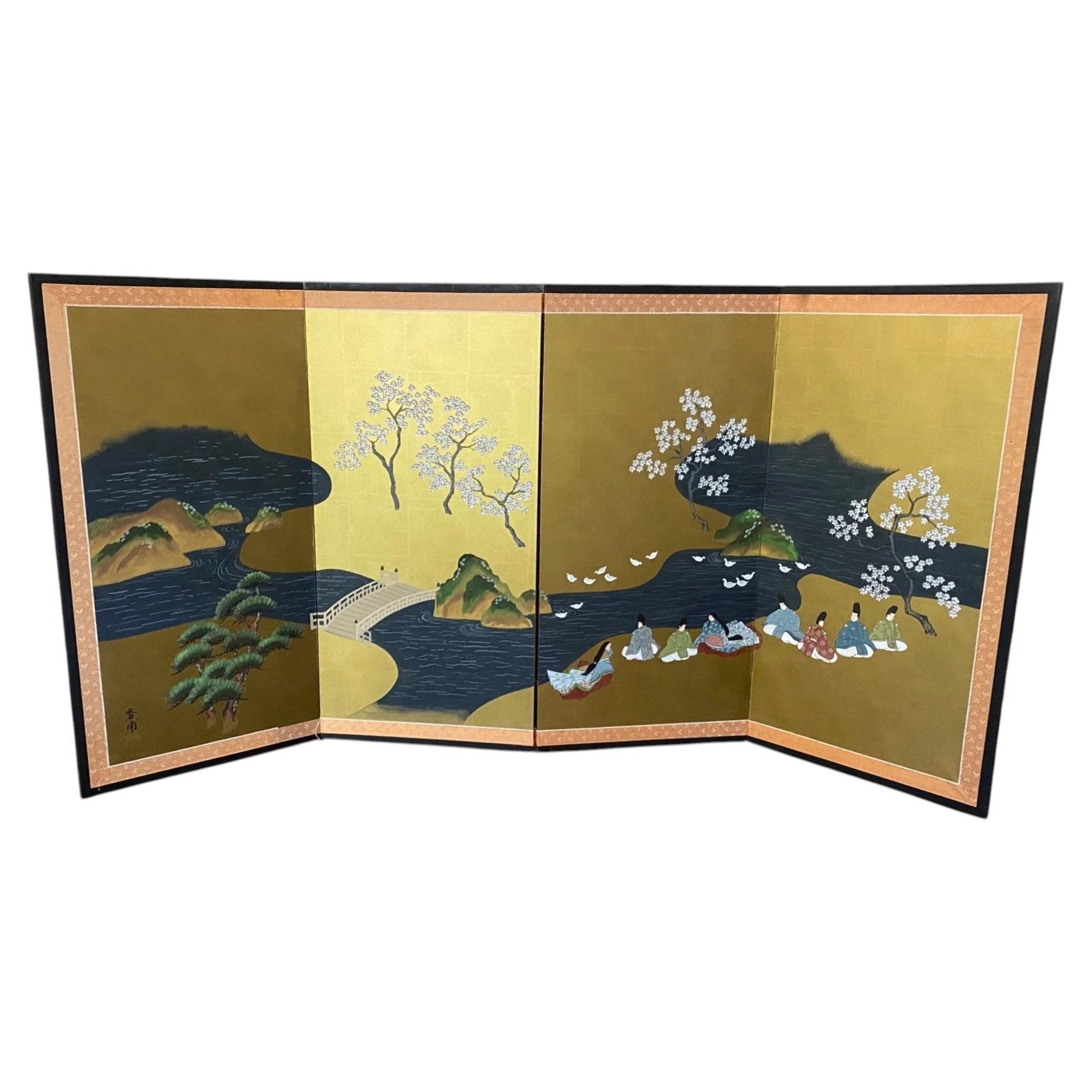 Japanese Asian Four-Panel Folding Byobu Showa Screen Tale of Genji & Cherry Tree
