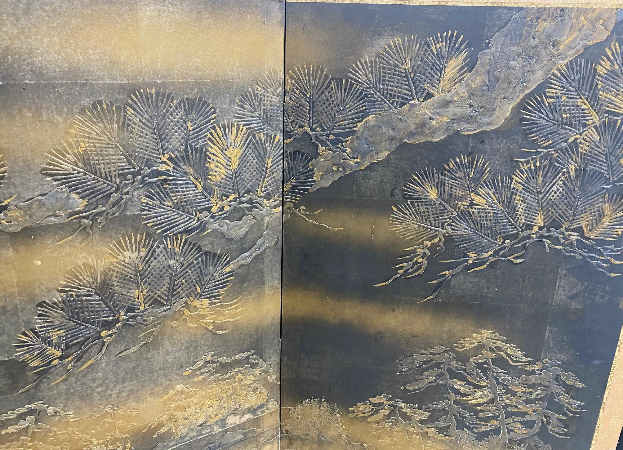 Japanese Asian Four-Panel Showa Byobu Nature Pagoda Landscape Pine Tree Screen 8
