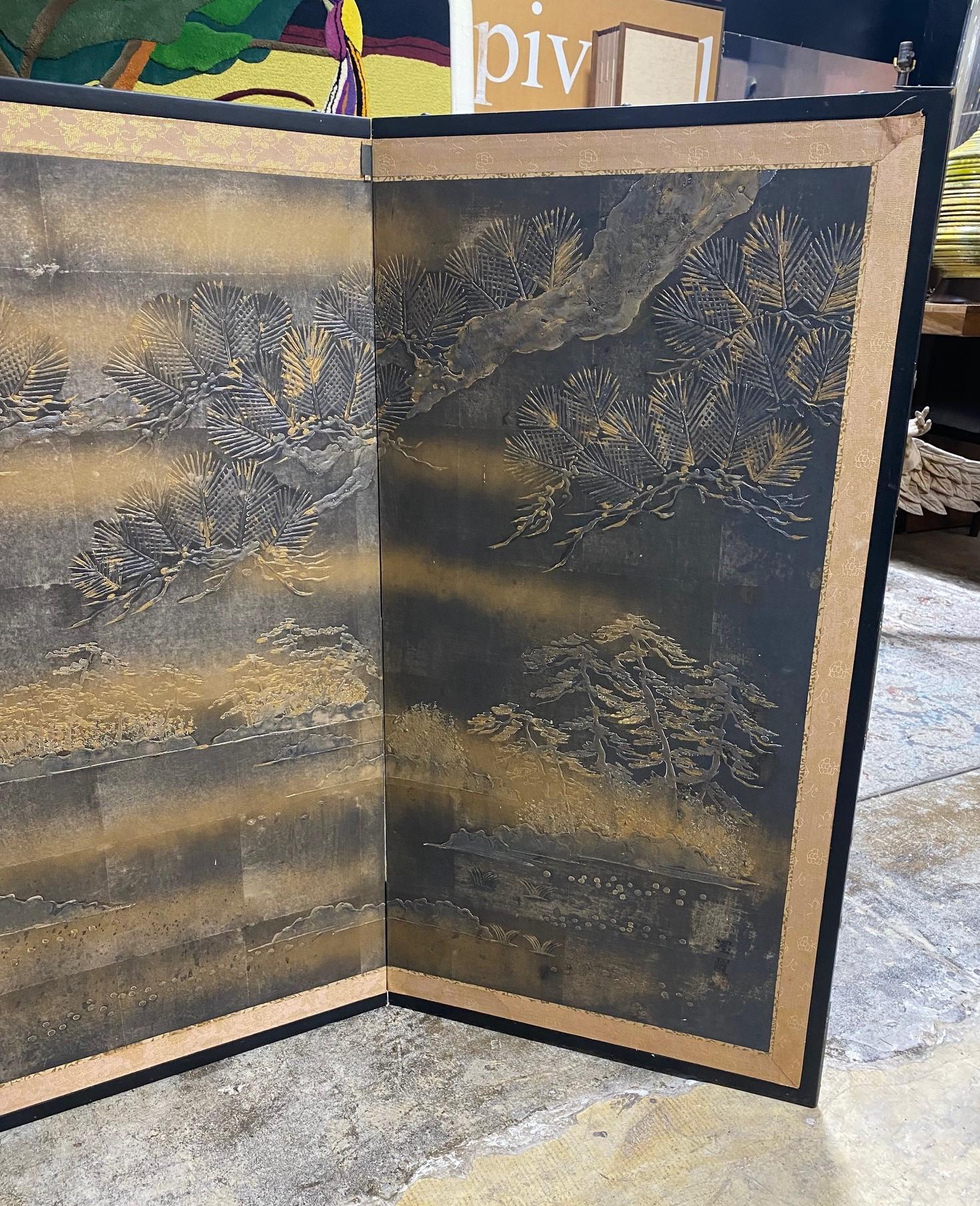 Gold Leaf Japanese Asian Four-Panel Showa Byobu Nature Pagoda Landscape Pine Tree Screen