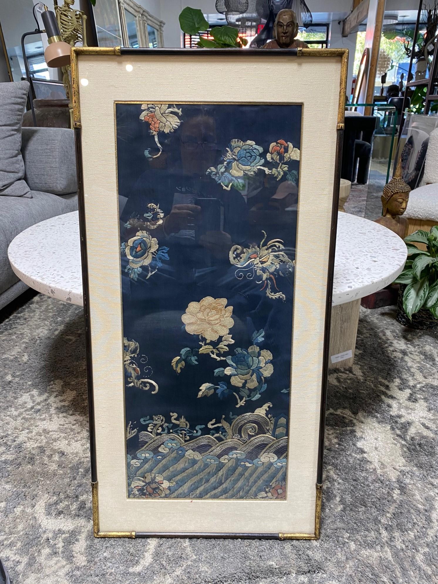 Japanese Asian Framed Meiji Peroid Silk Floral Flower Embroidery Textile Panel  For Sale 8